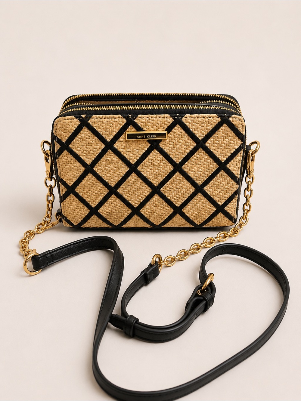 Anne Klein Straw Crossbody Bag with Black Trim and Gold Chain
